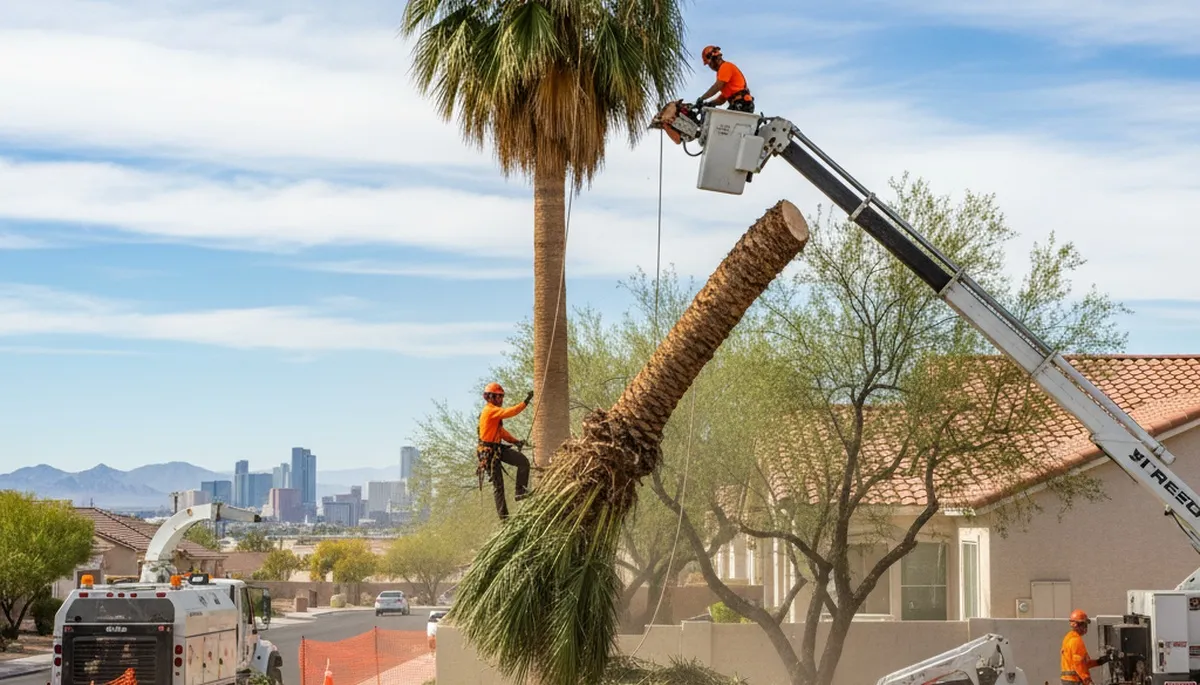 Professional arborists performing safe tree removal with crane and chainsaws in Las Vegas, NV