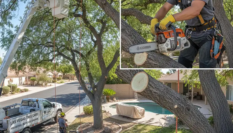 Arborists performing deadwood removal on residential tree in Las Vegas, NV to prevent branch hazards