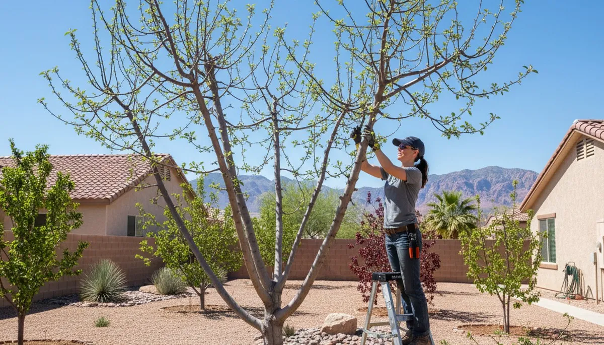 Arborist pruning fruit tree with loppers in Las Vegas NV backyard orchard for healthy harvest growth