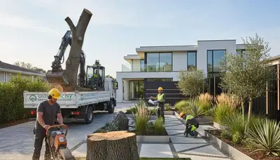 Landscape design and tree removal experts working on desert yard in Las Vegas, NV