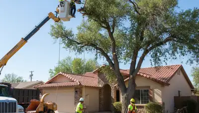 Arborists using bucket truck for large tree removal in Boulder City, NV near Las Vegas homes.