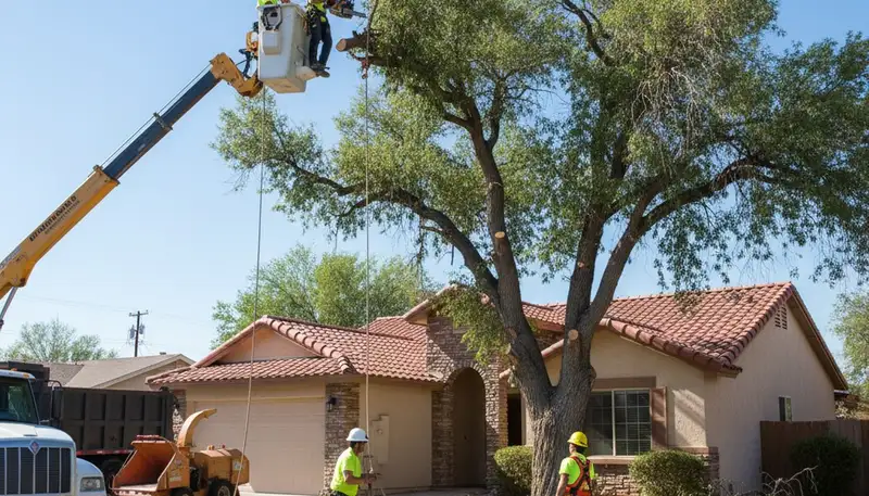 Arborists using bucket truck for large tree removal in Boulder City, NV near Las Vegas homes.