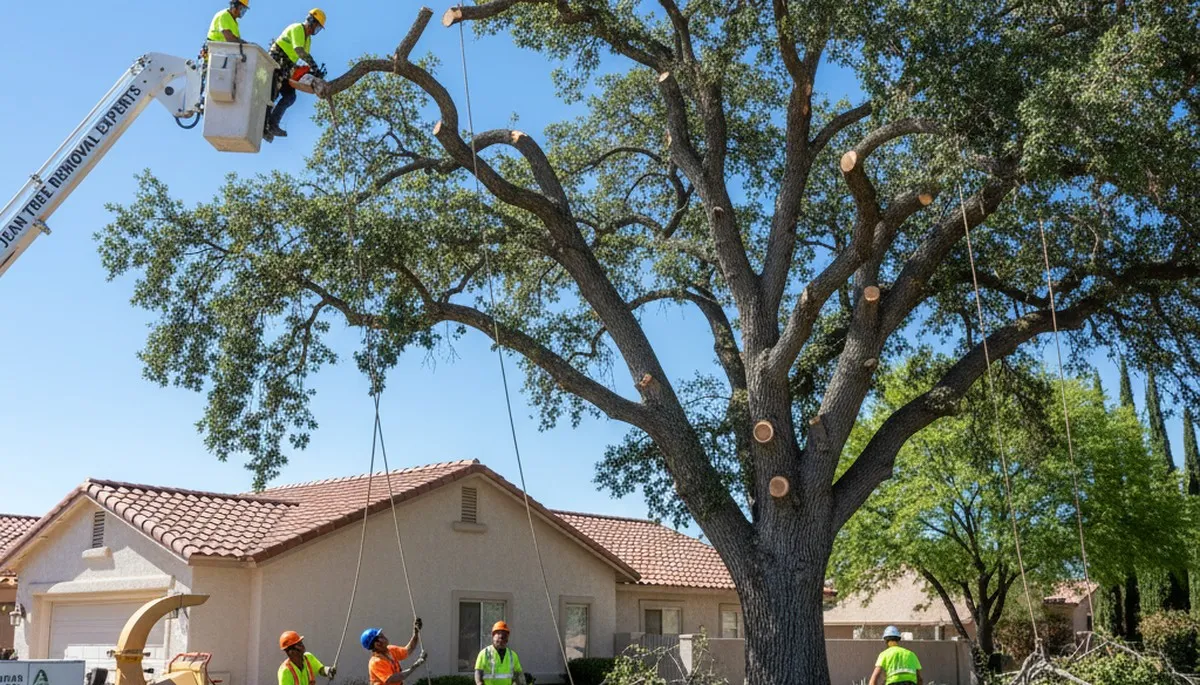 Arborists performing large tree removal in Jean, Las Vegas NV using bucket trucks and rigging equipment