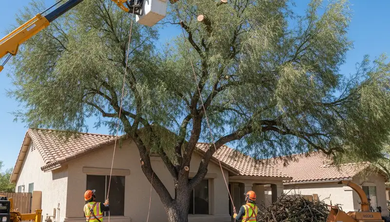 Arborists removing large tree with bucket truck in North Las Vegas NV residential yard safely
