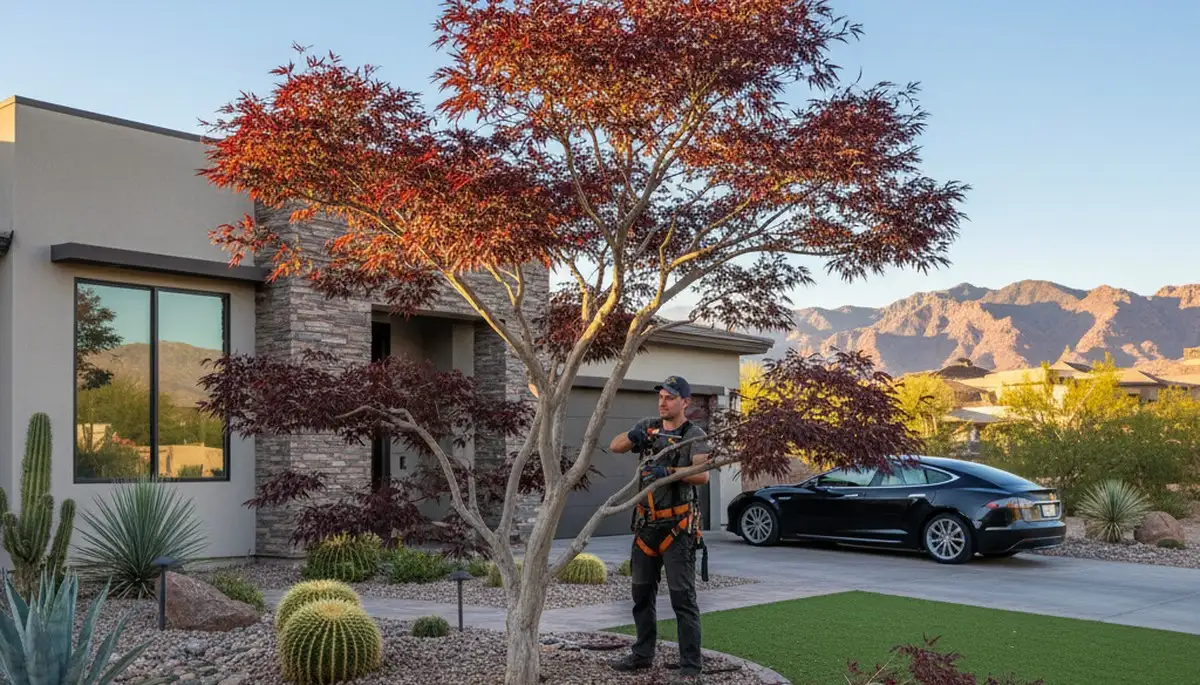 Arborist hand pruning ornamental Japanese maple for curb appeal in Las Vegas, NV landscape