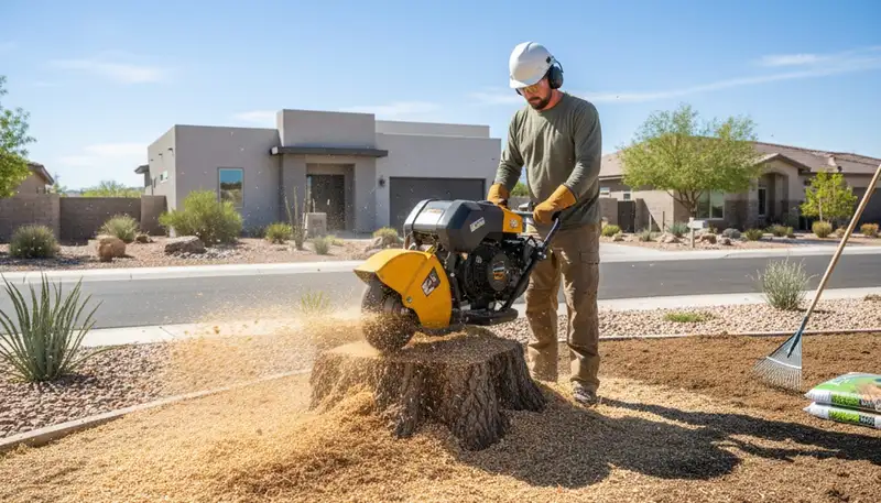 Professional stump grinding removing tree stumps in Boulder City, NV by Las Vegas tree removal experts