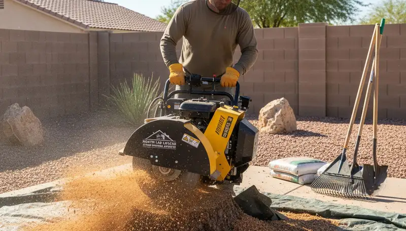 Professional stump grinding service removing tree stumps in North Las Vegas, NV yard