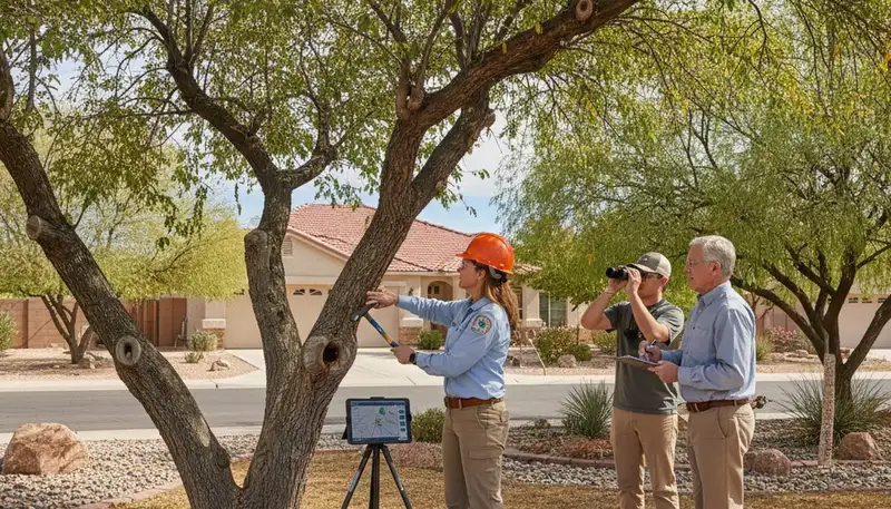 Certified arborist performing tree health assessment in Boulder City, NV for Las Vegas tree removal services