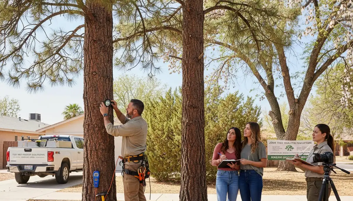 Certified arborist performing tree health assessment for homeowners in Jean, Las Vegas, NV