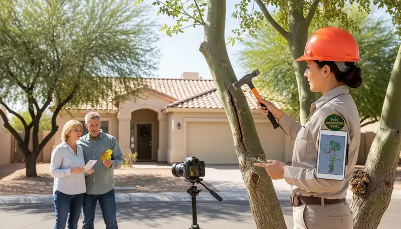 Certified arborist performing tree health assessment in North Las Vegas NV for local tree removal service