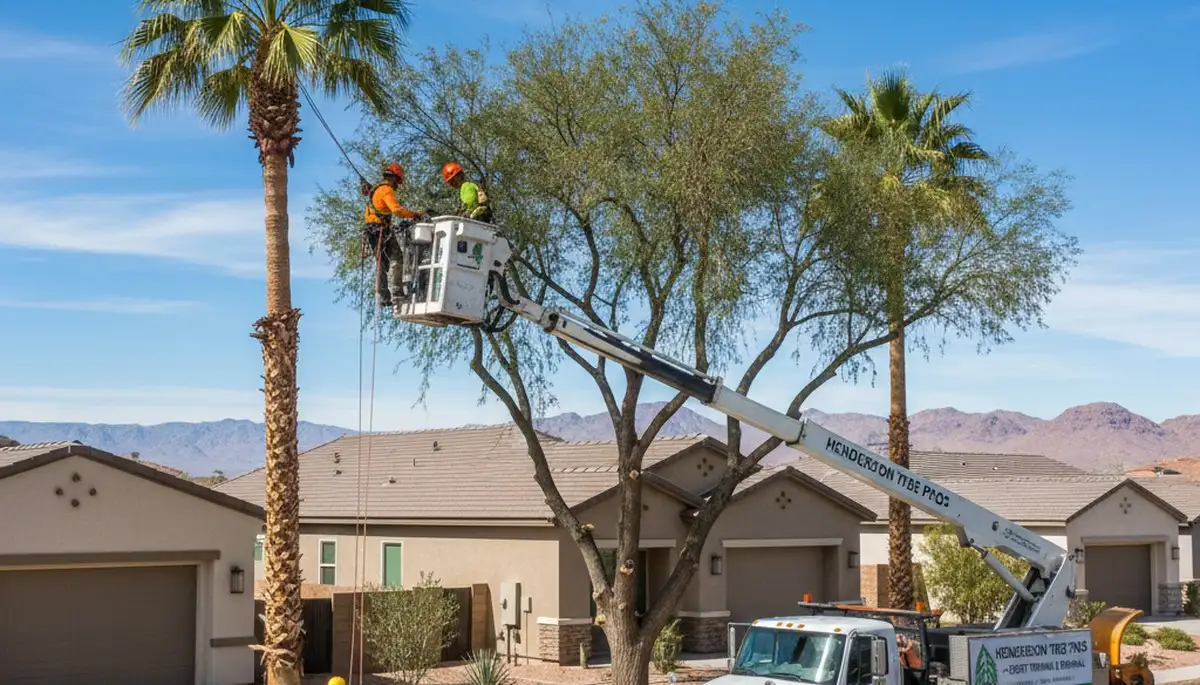 Professional tree removal service in Las Vegas NV safely cutting large tree for local property cleanup