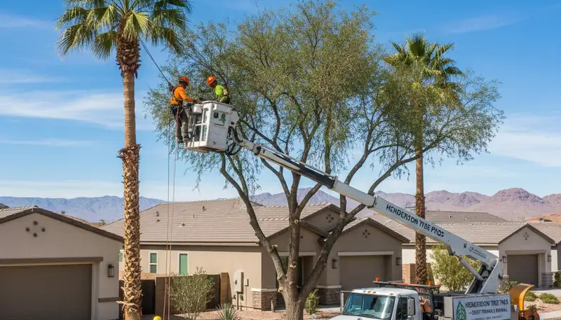 Professional tree removal service in Las Vegas NV safely cutting large tree for local property cleanup