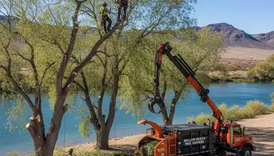 Professional tree removal service in Las Vegas NV safely cutting and clearing large backyard trees